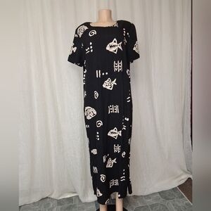 Premier International 90s Black Fish Print Rayon Maxi Dress – 2X Vintage
